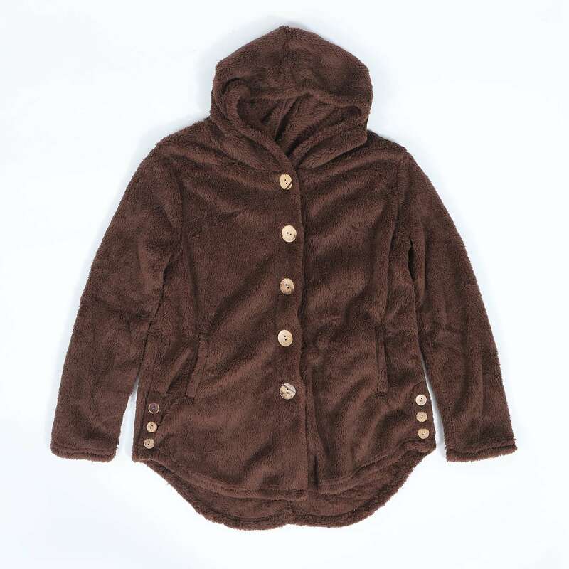 Womens Coat Oversize Size Button Plush Tops Hooded Loose Cardigan Outwear Winter Jacket,Coffee S