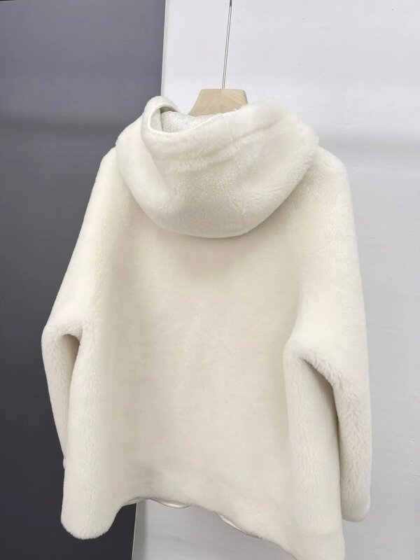 Sweater wanita berkerudung, mantel bulu wol penuh musim dingin 2023, Sweater Korea panjang setengah tebal longgar