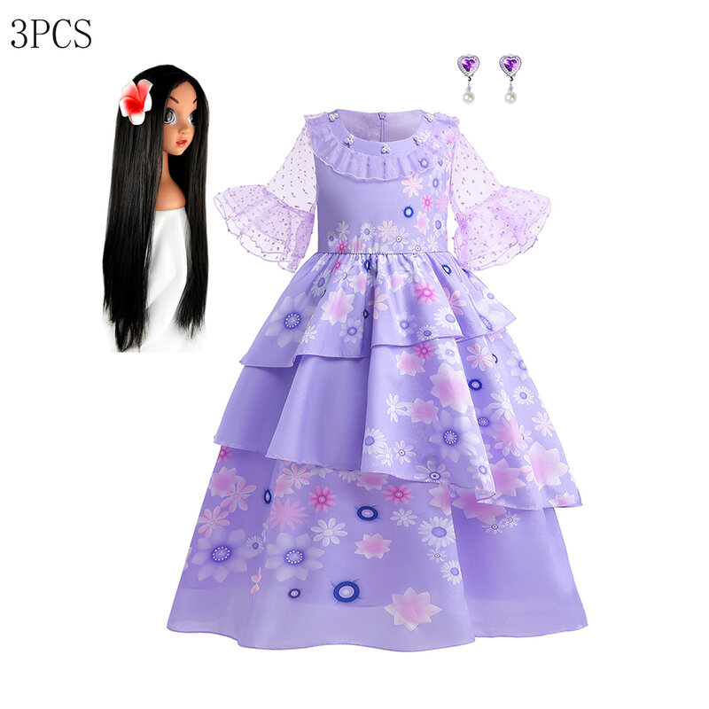 Gaun kostum Disney Encanto Isabela, untuk anak-anak Gadis lengan melebar gaun putri Disfraz Isabela De Encanto Ruffles pesta ulang tahun