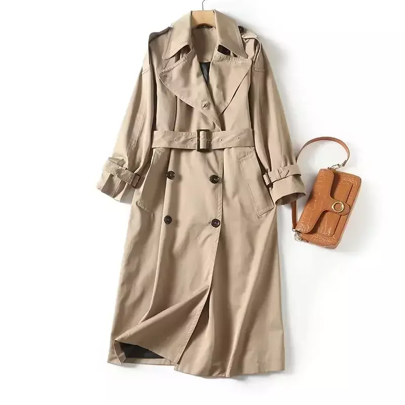 Gabardina larga con cinturón de doble botonadura para mujer, abrigo clásico Retro de manga larga, abrigo elegante a la moda, 2023