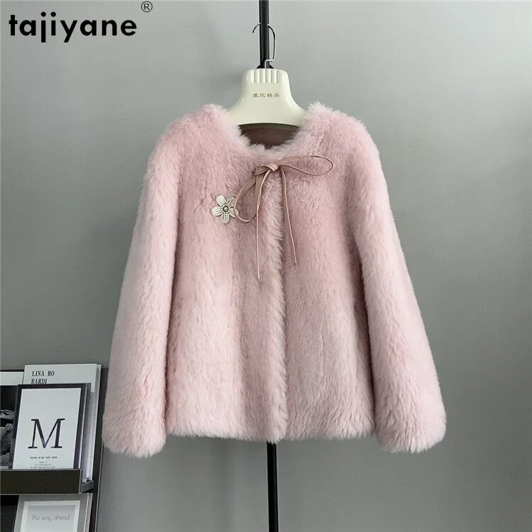 여성용 순수 Tajiyane 컬러 100% 양 전단 재킷, 2024 짧은 울 코트, 한국 패션 합성 모피 코트, Casaco Feminino
