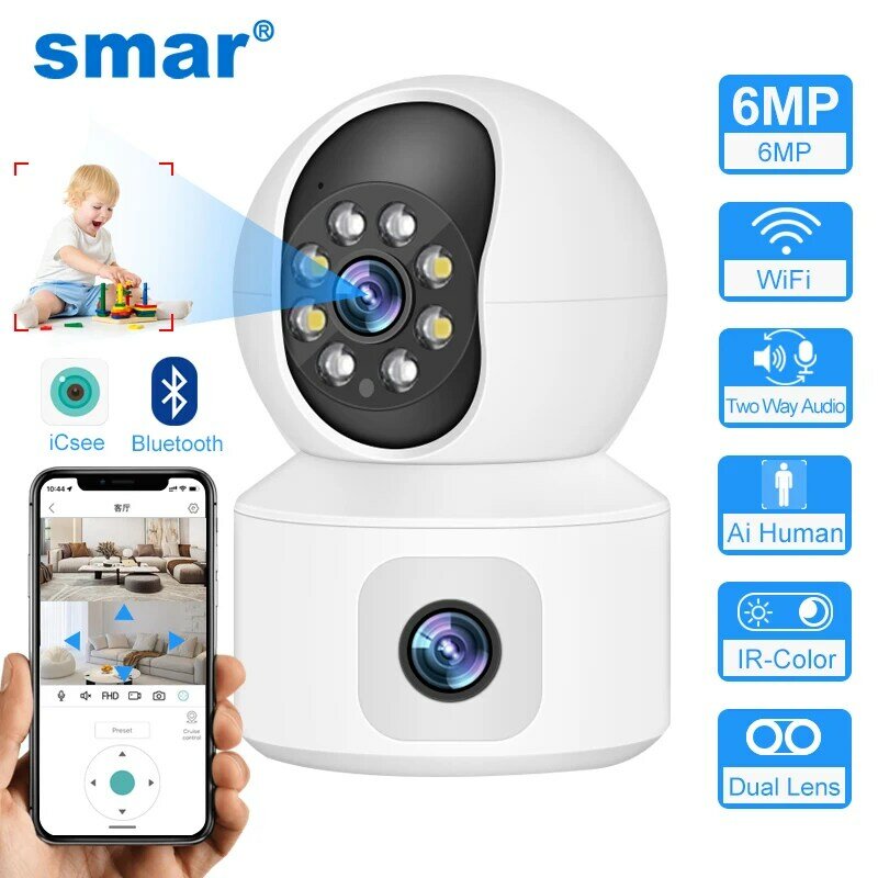 Smar-كاميرا مراقبة داخلية مع شاشات مزدوجة ، واي فاي ، مراقبة الطفل ، الصوت في اتجاهين ، كاميرات IP ، CCTV ، أمن الوطن ، ICSee ، 6MP