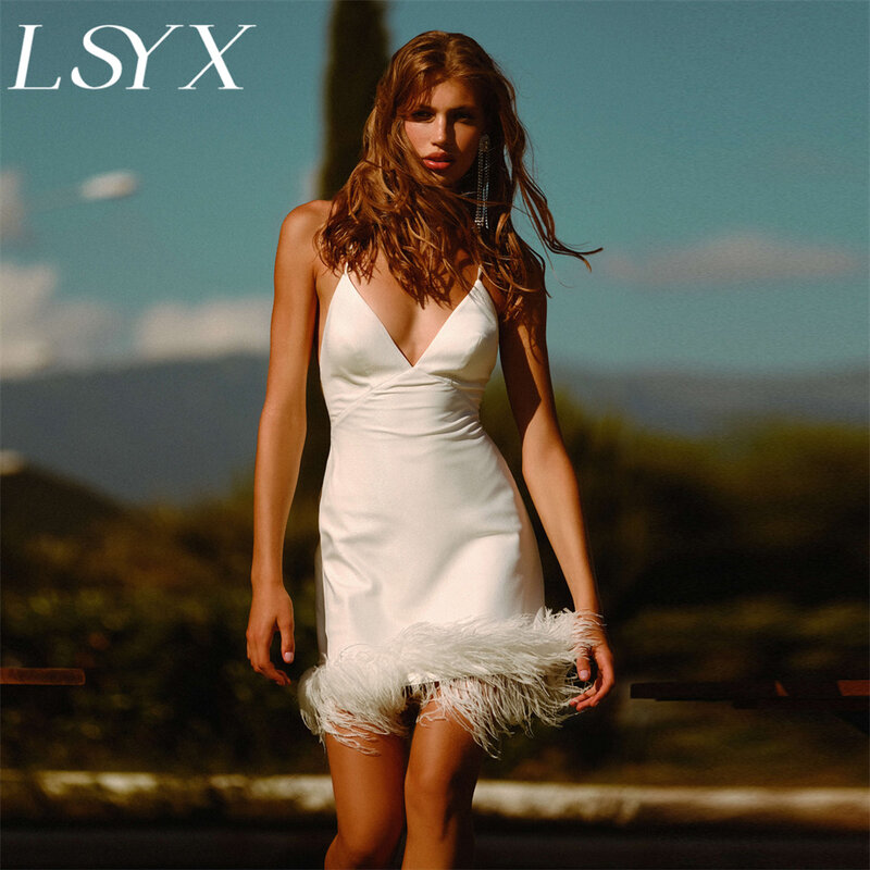 Lsyx ชุดแต่งงานสั้นเหนือเข่าของผู้หญิงเปิดหลังเหนือเข่าชุดเจ้าสาวสองชิ้นคอวีลึก
