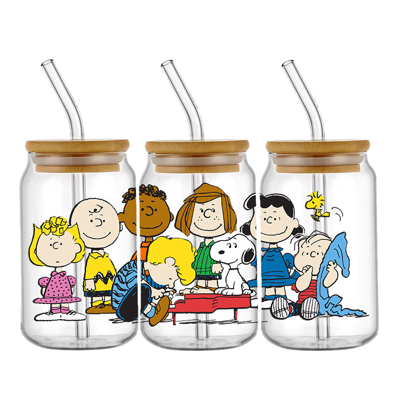 Snoopy-Envolturas de taza UV DTF de dibujos animados, pegatina de transferencia para botella de lata de vidrio, autoadhesivo lavable, bricolaje personalizado, moda, 16OZ