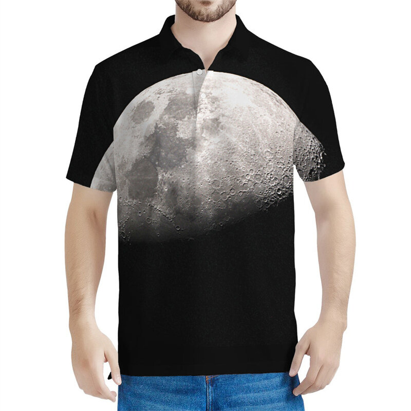 Polo clásico con estampado 3D de cielo nocturno para hombre, camiseta Retro de manga corta con gráfico de luna llena, camisetas informales con solapa, camisetas de verano