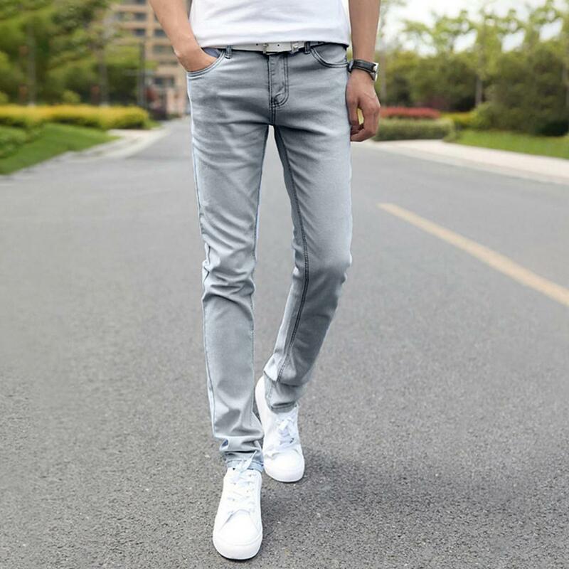 Simple  Skinny Jeans Skin-Touch Slim Fit Pencil Denim Trousers Zipper Button Fly Straight Leg Long Trousers Male Clothing