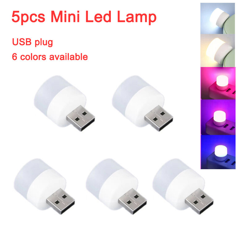 Mini lámpara de enchufe USB de 5V, luz de libro de protección ocular superbrillante, carga de energía móvil, pequeña luz nocturna LED redonda, 5 uds.