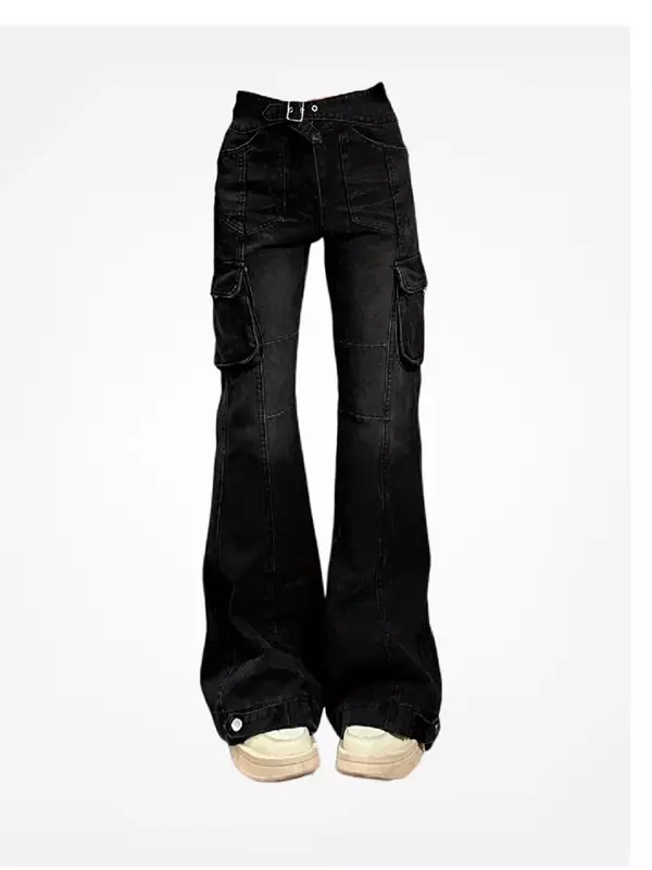 Retro American High Street Office Lady Black Flare Jeans with Multiple Pockets Slim Bell Bottoms Gyaru Women Denim Trousers