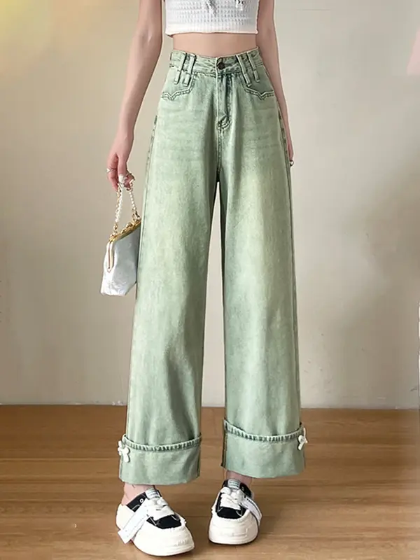 Summer Vintage Chicly Washed Distressed Street Women Jeans Classic High Waist Loose Fashion Simple Vintage Female Wide Leg Pants