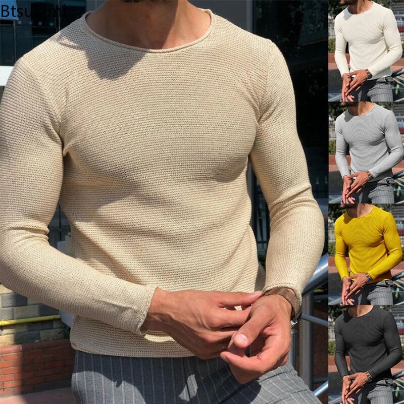 Sweater pria rajut lengan panjang, baju Sweater rajut nyaman santai leher O polos ramping lengan panjang musim semi