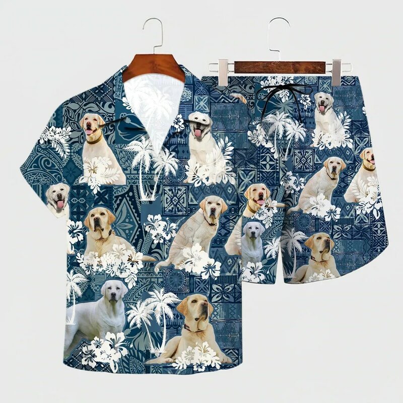Camisa de verano para hombre y mujer, conjunto Hawaiano con estampado 3D de Labrador Inglés y pantalones cortos de playa, ropa divertida para perros