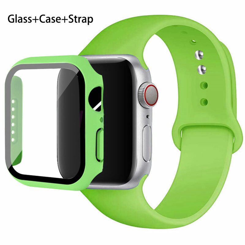 Kaca + casing + tali untuk Apple Watch, gelang jam tangan silikon 44mm 40mm 45mm 41mm 38mm 42mm seri iWatch 8 9 7 6 5 4 3 SE