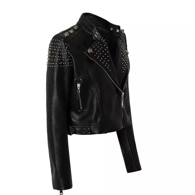 Jaqueta de couro falso preta para mulher, streetwear cravejado de Steampunk, estampa tigre contraste, jaqueta de motocicleta, novo, 2024