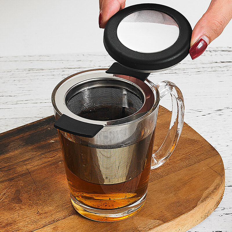 Keranjang Infuser teh Stainless Steel, saringan teh jala halus dengan tutup pegangan saringan teh dan kopi untuk daun teh longgar dapat digunakan kembali