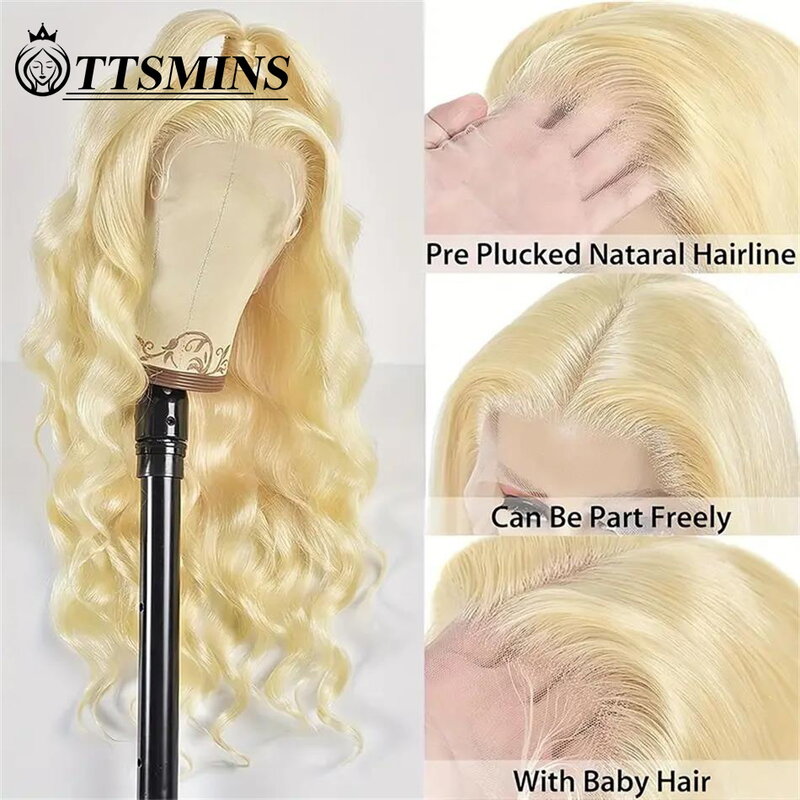 Perruque Lace Front Wig Body Wave Brésilienne Naturelle, Cheveux Humains, Couleur Blond Miel, Transparent, 13x6, HD 613, pour Femme