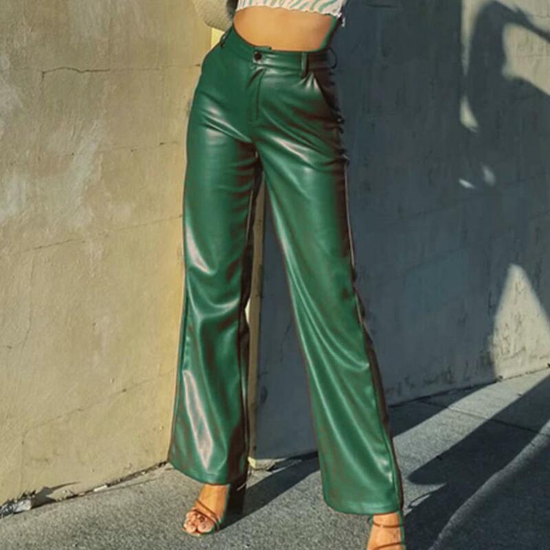 Women High-waist Pants Stylish Women's High Waist Faux Leather Wide Leg Pants with Side Pockets Retro Slim Fit Street for A