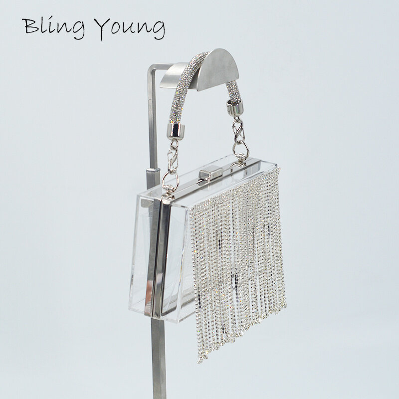 Bolso de mano transparente para mujer, bolsa de mano con borlas acrílicas, diamantes de imitación, moda de verano