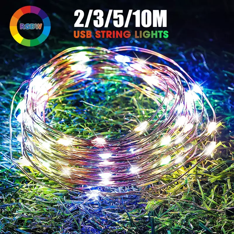 Guirnalda de luces LED de hadas, alambre de cobre colorido, alimentada por batería USB, resistente al agua, decoración de fiesta de boda, Navidad, 2 M, 3 M, 5 M, 10M