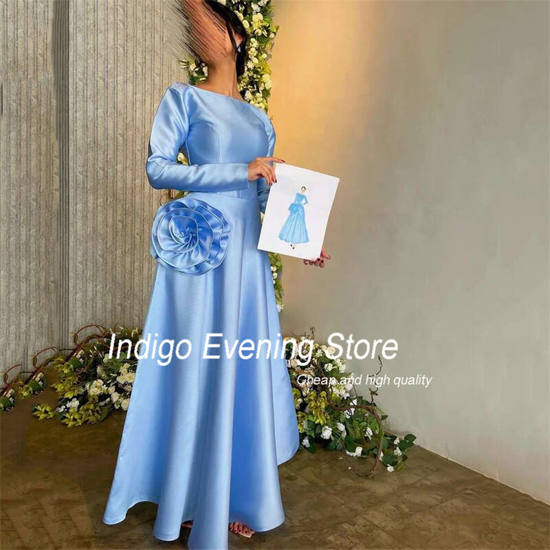 Indig Prom Dresses A-Line Long Sleeve O-Neck Pleat Ankle-Length Satin Elegant Formal Party Evening Gown For Women فساتين السهرة