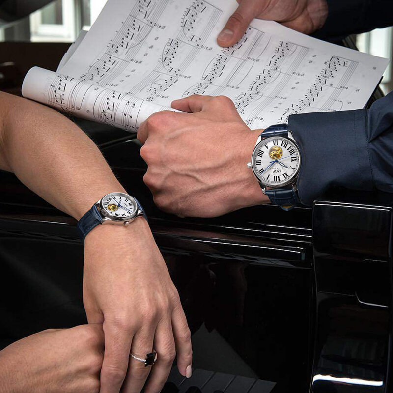 Механические часы Carnival Brand IW для мужчин и женщин, роскошные модные парные наручные часы с синим сапфиром и кожаным ремешком