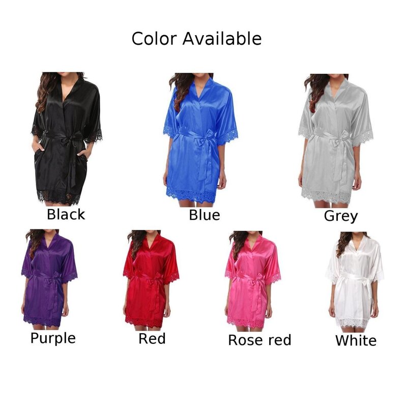 Lingerie sexy quimono de seda para mulheres, roupão de banho, pijamas, camisola chemises, camisola de borda laço, mini vestido