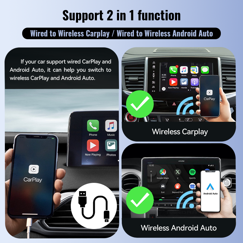 XUDA Mini podłączony do bezprzewodowego 2 w 1 AI Box Carplay 5G Wif i Bluetooth 5.0 z systemem Android Auto Plug and Play połączenie nieindukcyjne