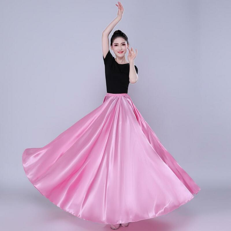 Solid Color Skirt Elegant Satin Performance Skirt with Elastic Waist Pleated Big Hem for Spanish Dance Swing Dancing Belly Dance