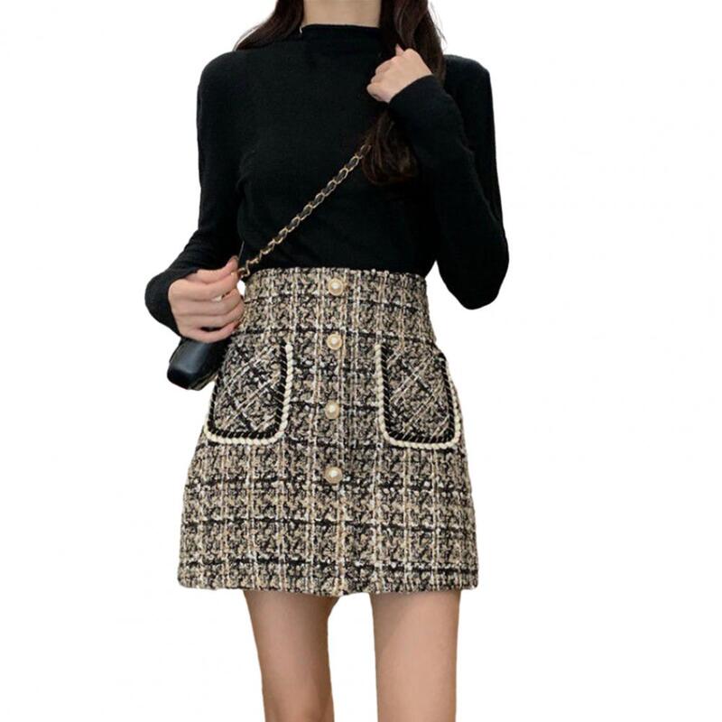 กระโปรง Tweed ลายสก๊อตมีกระดุมด้านหน้ามีกระเป๋าด้านหน้าประดับมุกผ้าขนสัตว์หนาสำหรับผู้หญิง ROK MINI ฤดูใบไม้ร่วงฤดูหนาว