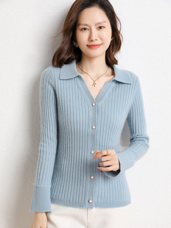 Высококачественный Женский кардиган на весну и осень, приталенный свитер с V-образным вырезом, 100% кашемировая трикотажная одежда, популярная женская одежда, рубашка