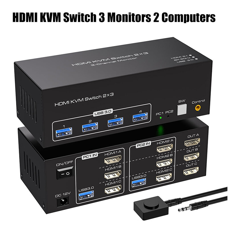 Тройной HDMI USB 3,0 KVM переключатель 3 монитора 2 компьютера 8K 60 Гц 4K 120 Гц, 2x3 тройной монитор KVM переключатель для 2 компьютеров