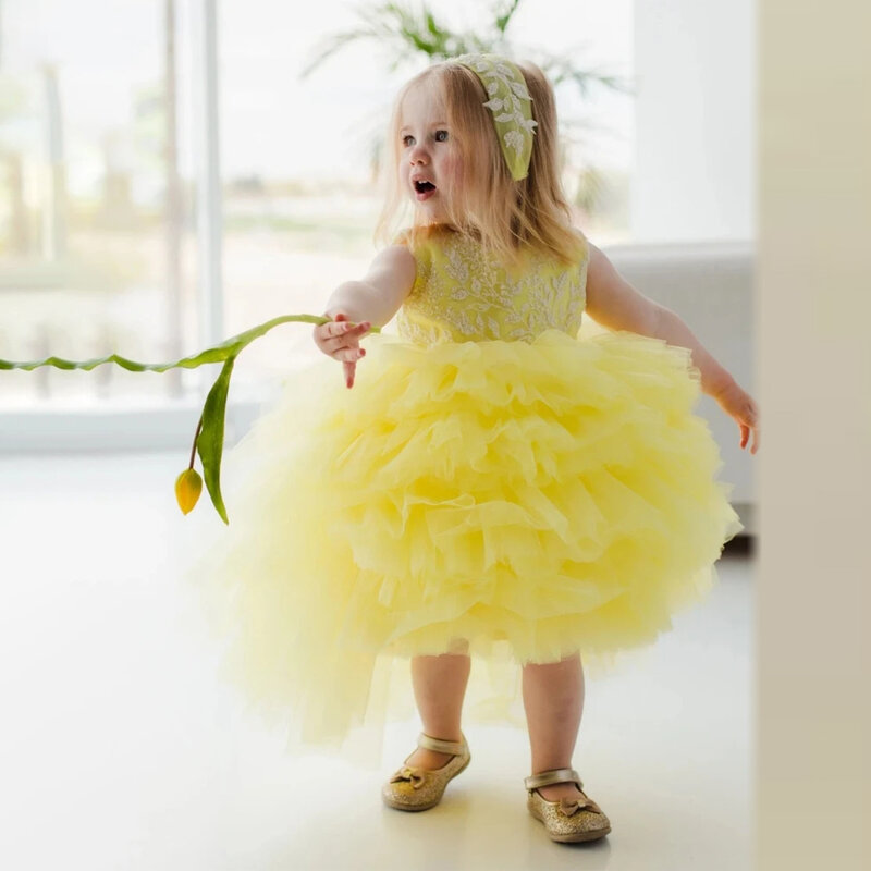 ชุดผ้าทูลล์สีเหลืองปักเลื่อมชุดเดรสผู้หญิงลายดอกไม้ชุดเจ้าหญิง balita perempuan เอไลน์ชุดแรกแขนกุดสำหรับงานแต่งงาน