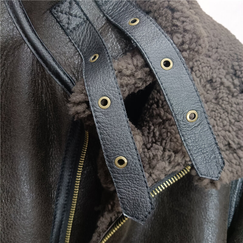 Original Leather and Fur Coat Men's Winter Sheepskin Genuine Leather Jacket Men B3 Casual Patch Pocket Flip Collar Male Clothing
