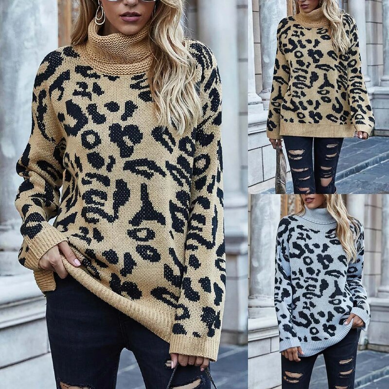 Suéter de cuello alto con estampado de leopardo para mujer, jersey de manga larga, holgado, informal, de gran tamaño, 2023