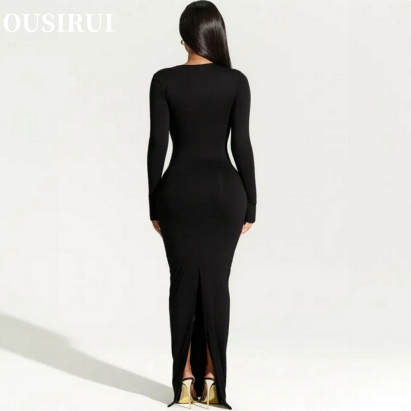 OUSIRUI 2024 осень зима новые наряды Асимметричное Платье макси с длинным рукавом с разрезом сексуальное черное вечернее женское платье