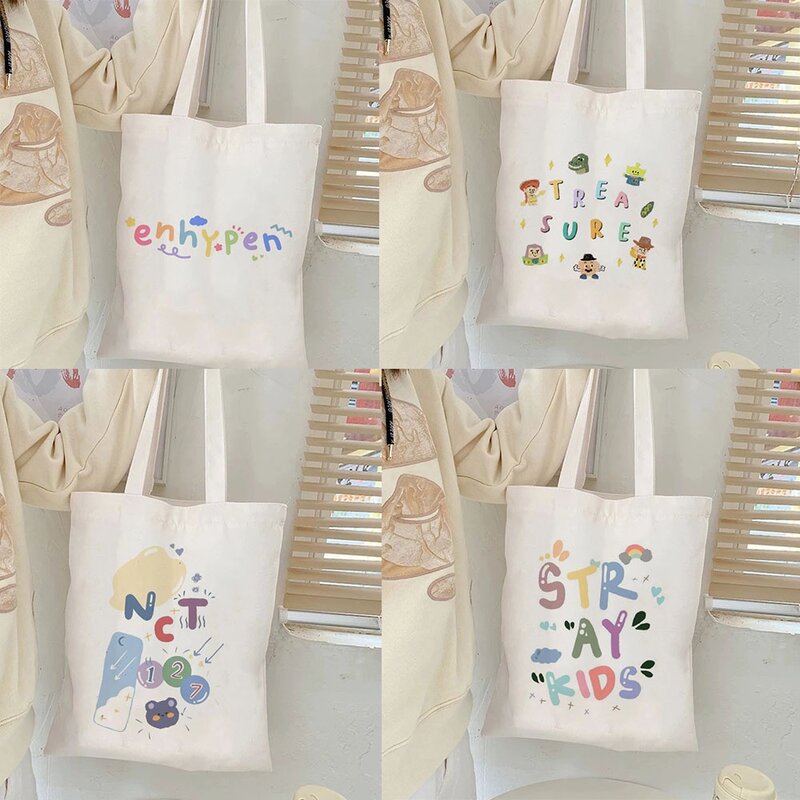New Harajuku Canvas Tote Bag Kpop Group Shopper Shoulder Bags Tuisyen Sekolah Tuition Bag Tote Handbags for Women Bolso Lona