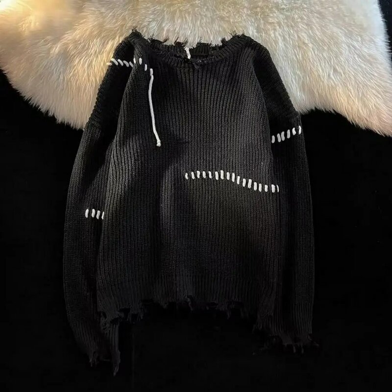 Długie sweter z rękawem męskie frędzle sweter z frędzlami ciepłe dziergany sweter z poszarpanymi detalami luźny krój na jesienno-zimowy rocznik