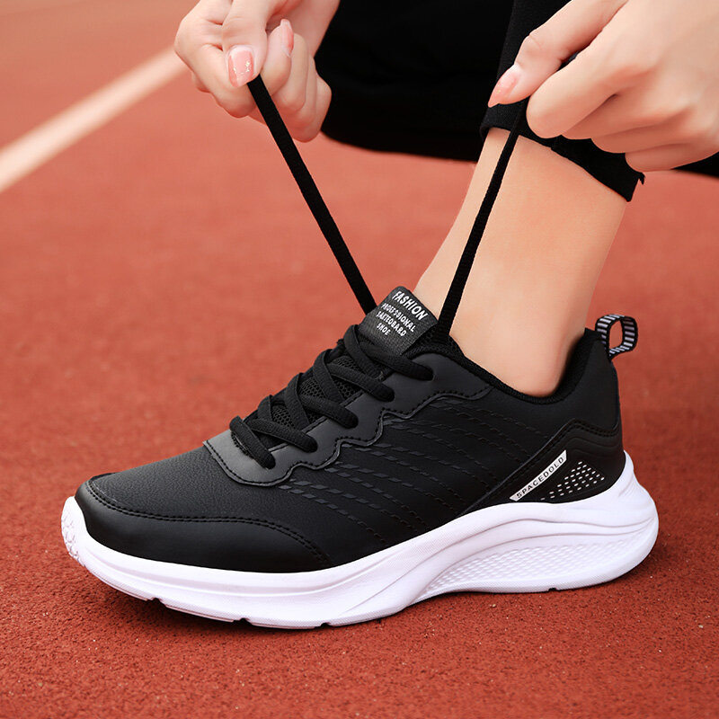 Wodoodporne skórzane tenisówki dla kobiet, buty do biegania, codzienne buty sportowe, czarne trampki, jesień, wiosna