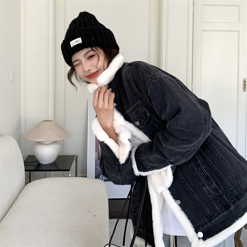 Повседневное плотное теплое синее зимнее пальто, женская новая осенняя джинсовая куртка в Корейском стиле из овечьей шерсти, базовое Женское зимнее пальто, верхняя одежда