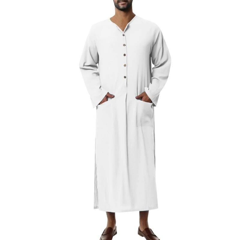 Caftán musulmán de manga larga para hombre, Thobe árabe con botones, ropa Islámica de Pakistán, Dubái