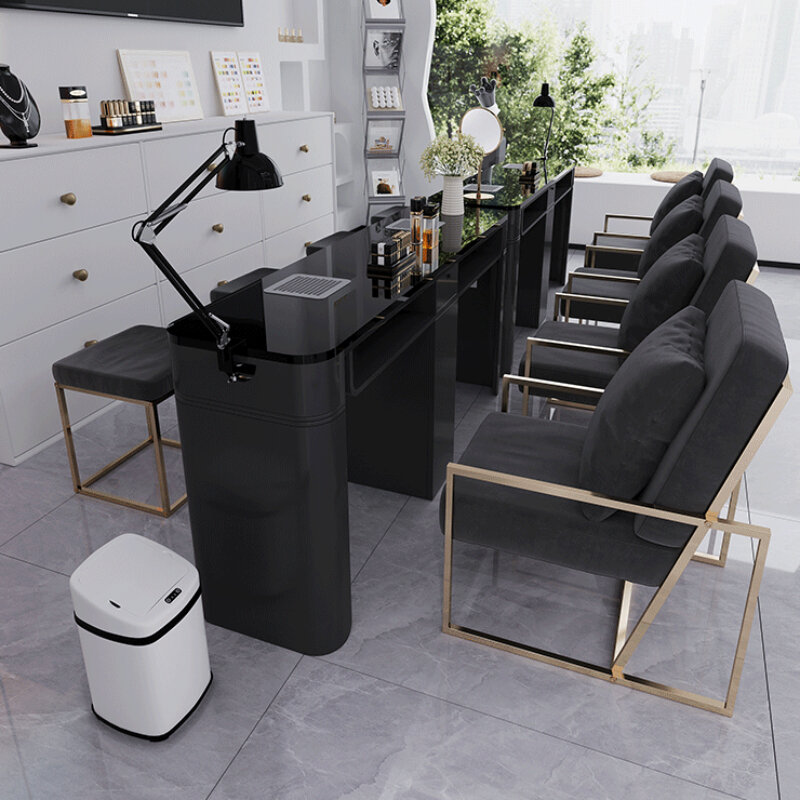 Organiser desain meja kuku hitam kaca, perlengkapan furnitur meja Salon Estetika Nordik