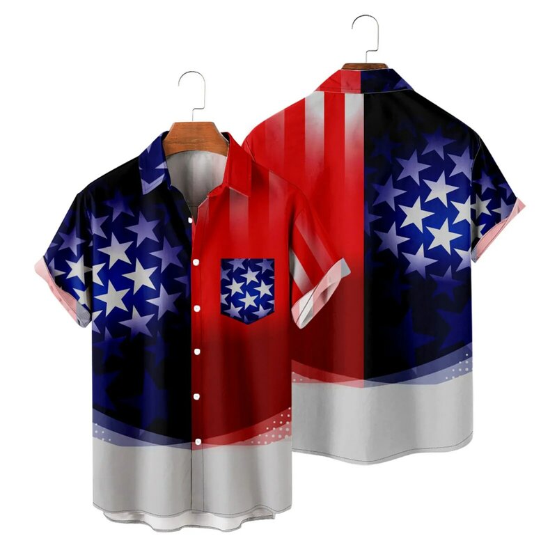 T-shirt de impressão digital 3D masculina, bandeira, lapela, botão, moda praia, moda masculina bonito