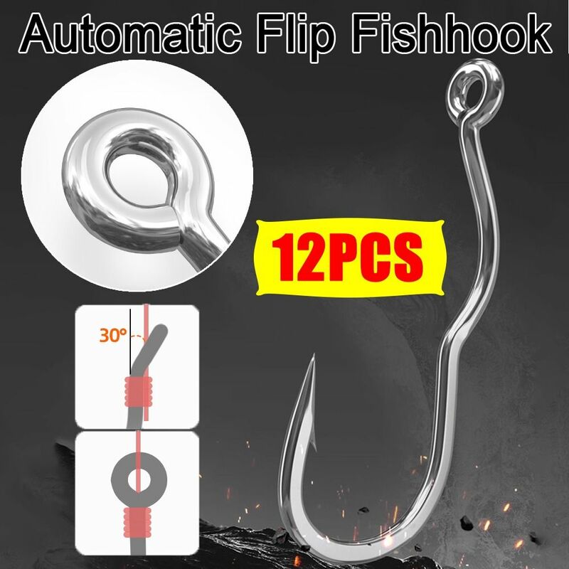 12Pcs/Pack With Eye Automatic Flip Fishhook Anti Slip Sharp Barbed Fishing Hook High Carbon Steel Fishing Tackle