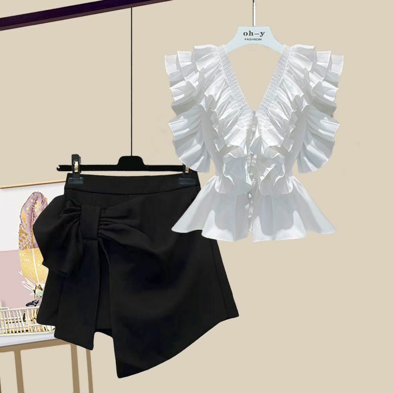Lente/Zomer Set Dames 2024 Nieuwe Koreaanse Mode Modieuze Slim Fit Shirt Hoge Taille Slanke Korte Rok Set
