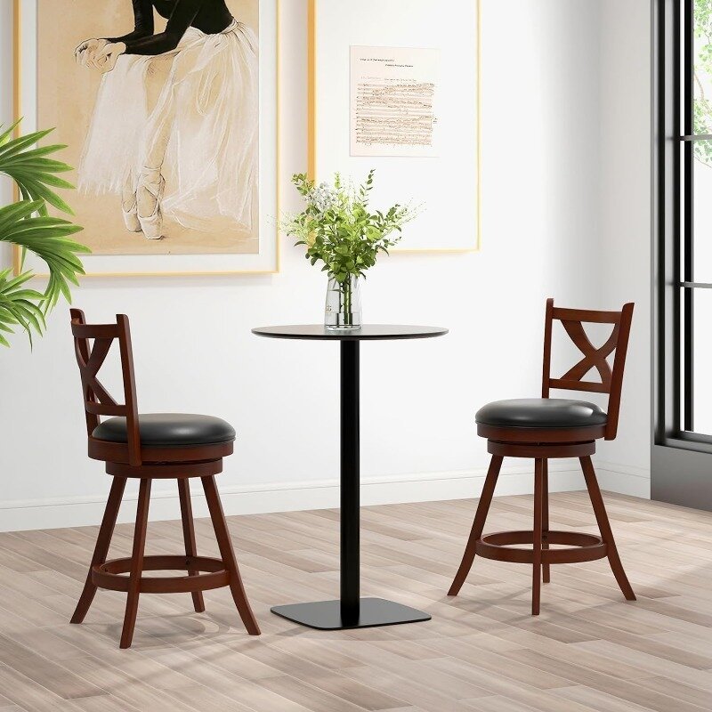 Bar Stools Set of 2, 30" Bar Height Stools with Back, Solid Rubber Wood Frame, Leather Padded Seat,  360° Swivel Barstools