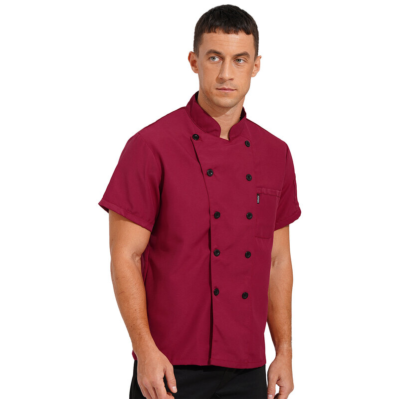 Unisex Chef Jacket Mens Womens Korte Mouw Stand Kraag Chef Jas Kantine Restaurant Hotel Kok Uniform Catering Werk Shirt