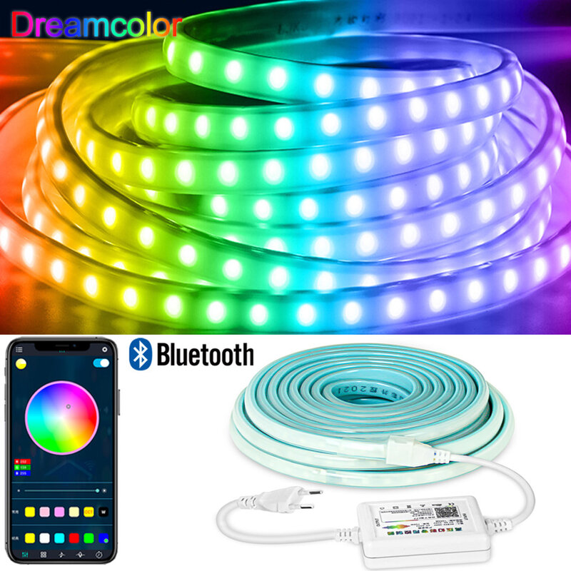 Dreamcolor-LED 스트립, 220V, 5050 스마트 테이프, RGBIC IP67, 유연한 조명 추적, 블루투스 앱 제어, 집, 야외 장식용, 1-50M
