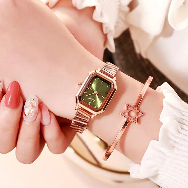 Relógio de cristal para mulheres, ouro rosa, impermeável, relógios quadrados, aço inoxidável, relógios de pulso femininos, INS Luxury Brand, Dress