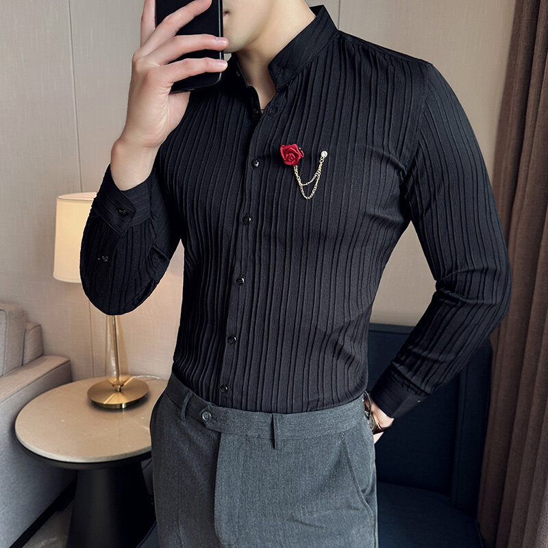 British Style Men Solid Stand Collar Vertical Stripes Shirt 2024Long Sleeved Slim Fit Shirts Formal Business Social Party Tuxedo