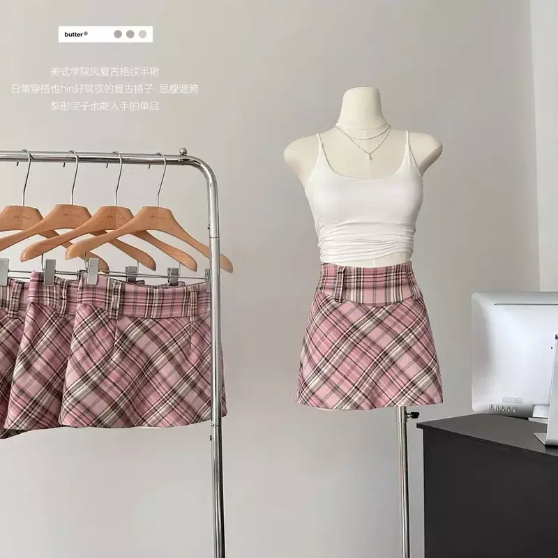 Spódnica damska różowa w kratę spódnica w stylu Vintage Y2k Mini spódniczka Harajuku koreańska styl Preppy spódnica estetyczna 2000s lato 2024