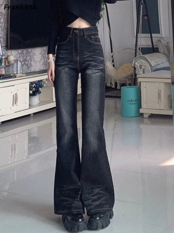 Женские джинсы в стиле ретро, плиссированные мешковатые расклешенные брюки в американском стиле с эффектом потертости, эластичные удобные универсальные новые модные повседневные